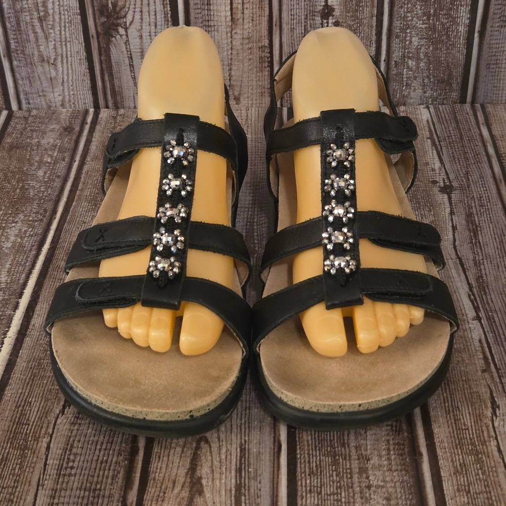 Sz 8.5 M SAS Sorrento Black Leather Rhinestone Adjustable Comfort Sandals VGUC